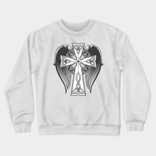 Cross in celtic style with big wings tattoo in engraving style. Crewneck Sweatshirt